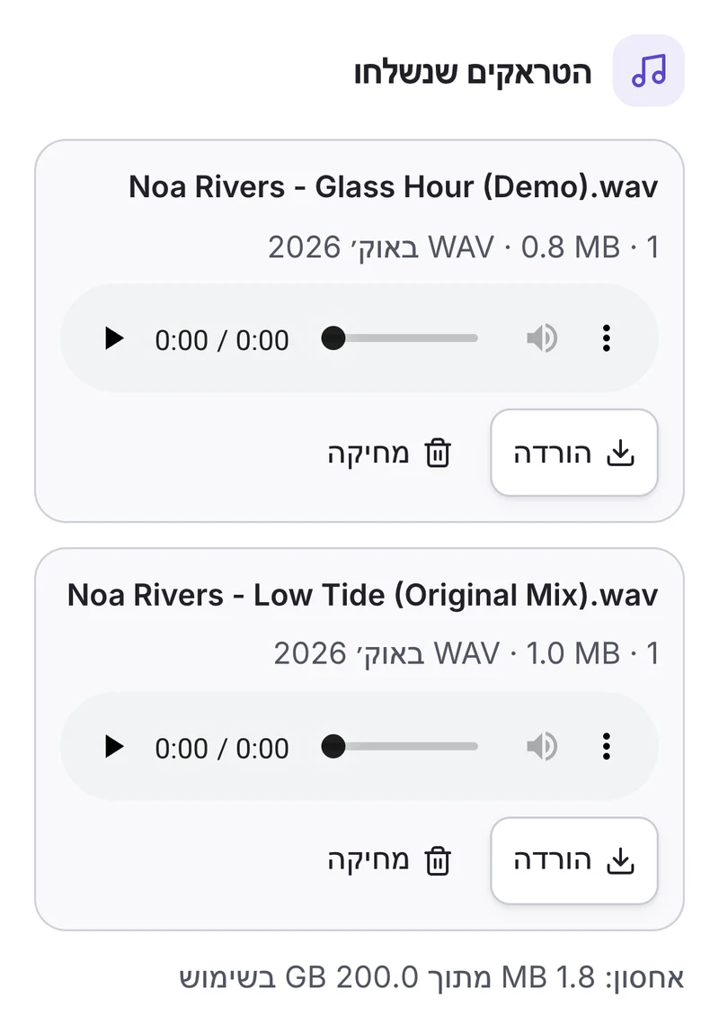 הטראקים שנשלחו במסך של בעל הכרטיס, עם נגן וכפתור הורדה