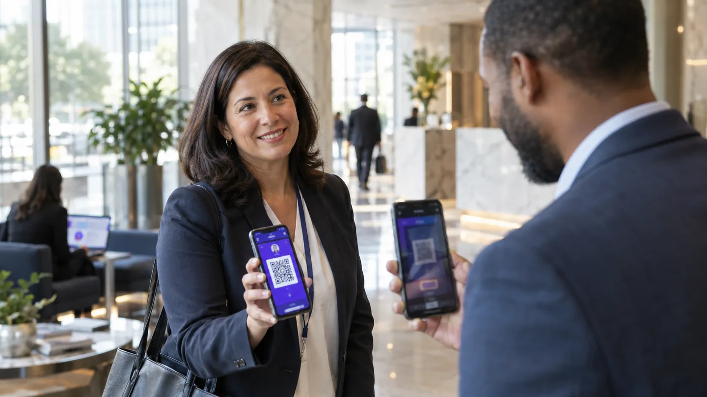 An insurance agent in an office lobby holding up a wallet pass with a QR code on her phone while the man across from her scans it
