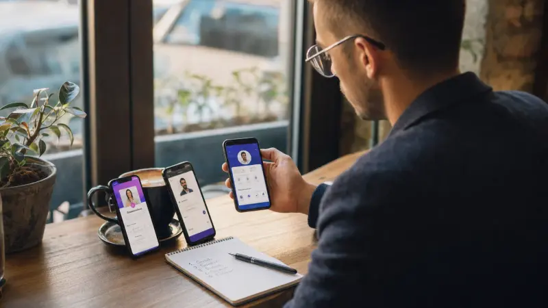 A professional comparing three phones in a cafe, each showing a different digital business card page