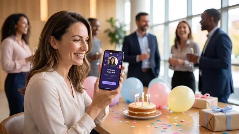 A festive birthday table with balloons and a digital invitation open on a phone