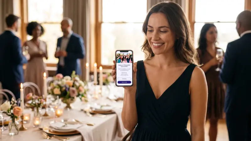 A guest opening a digital event invitation with RSVP on her phone next to a decorated table