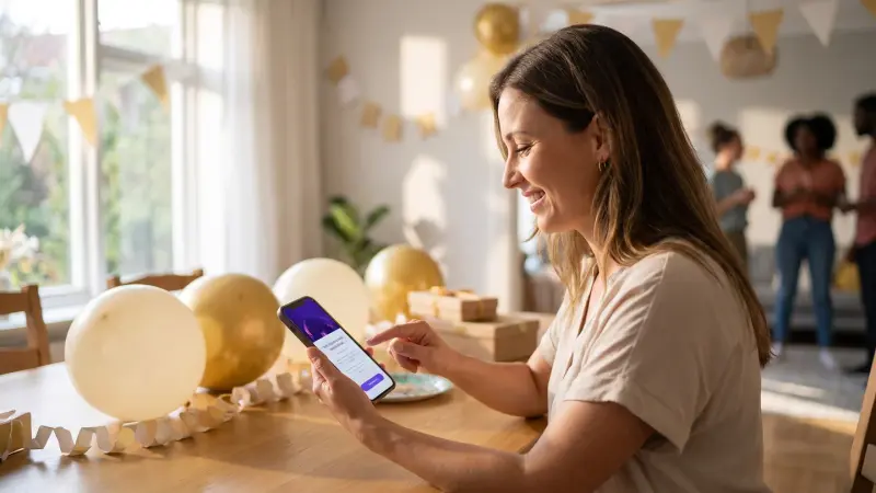 A host creating a free digital invitation on her phone next to a table with party decorations