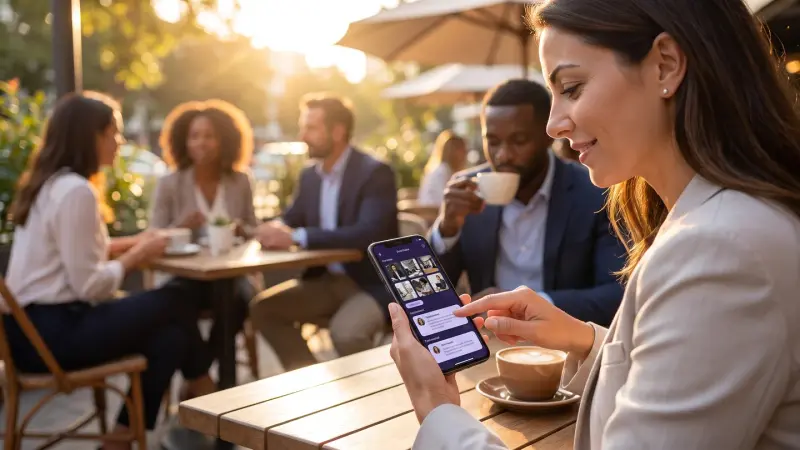 A prospective client reading testimonials and a portfolio on a professional page on her phone