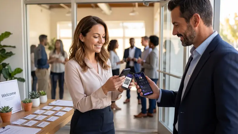A workshop host welcoming attendees at the door while scanning a QR ticket from her phone