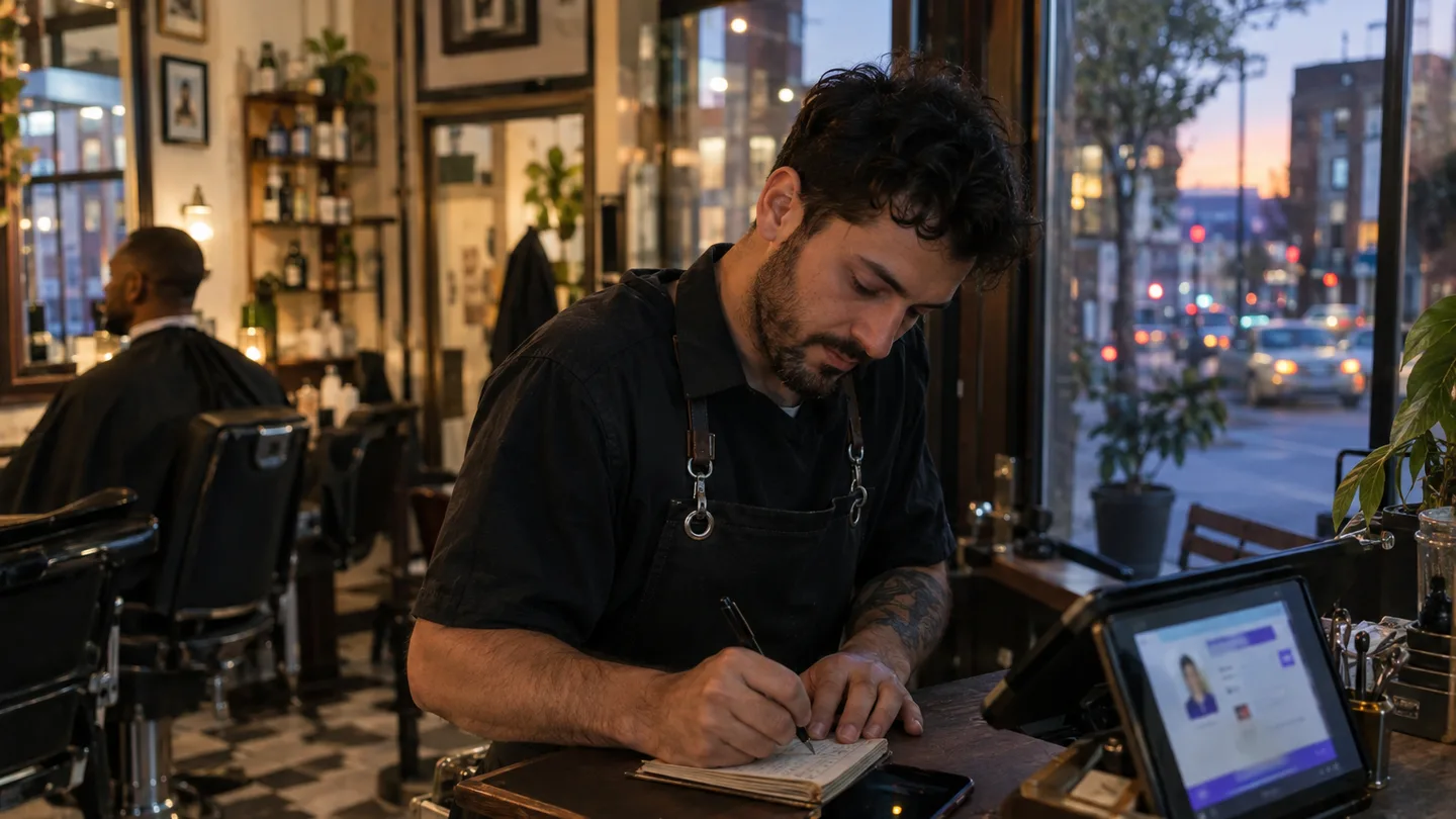 A barber at the end of the day writing a customer's phone number into a small worn notebook next to the register, his phone beside it