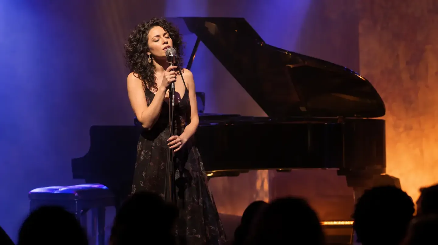 A singer at a vintage microphone on a small stage in blue and amber light, a grand piano behind her and the audience in silhouette