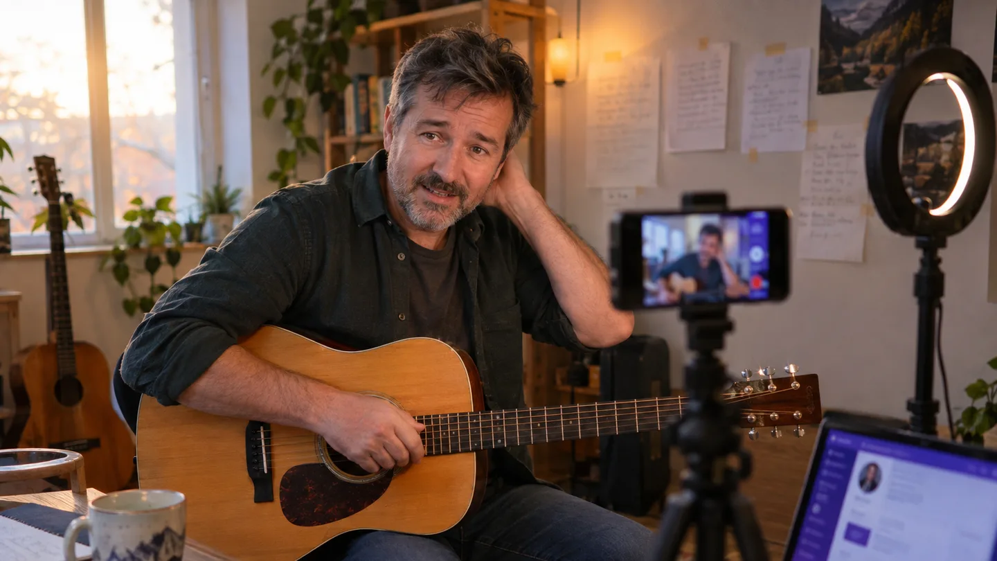 A guitar teacher in his fifties recording his first lesson on a phone on a tripod in a small home studio, notes taped to the wall