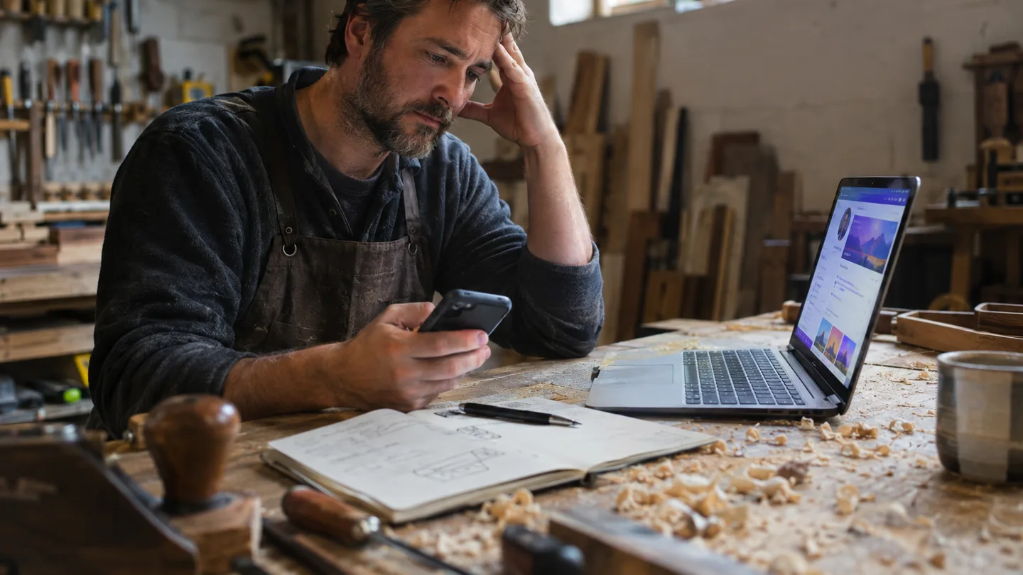 A carpenter at his workbench in the evening with a laptop, a phone and a notebook holding a handwritten list
