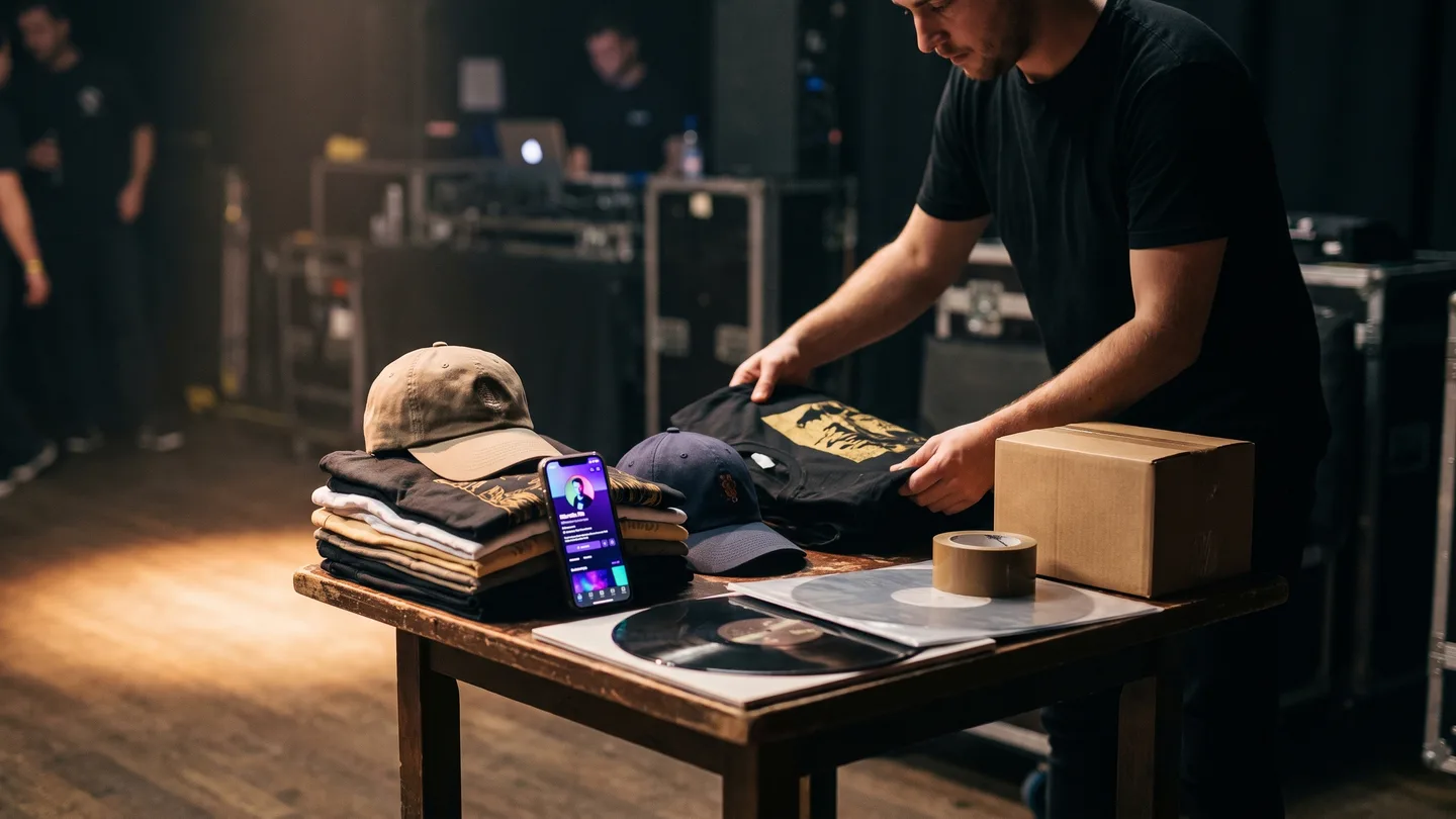 A DJ folding a black t-shirt with a gold print at a backstage merch table, a stack of tees, caps and two records, a phone propped on the stack and a shipping box at the edge
