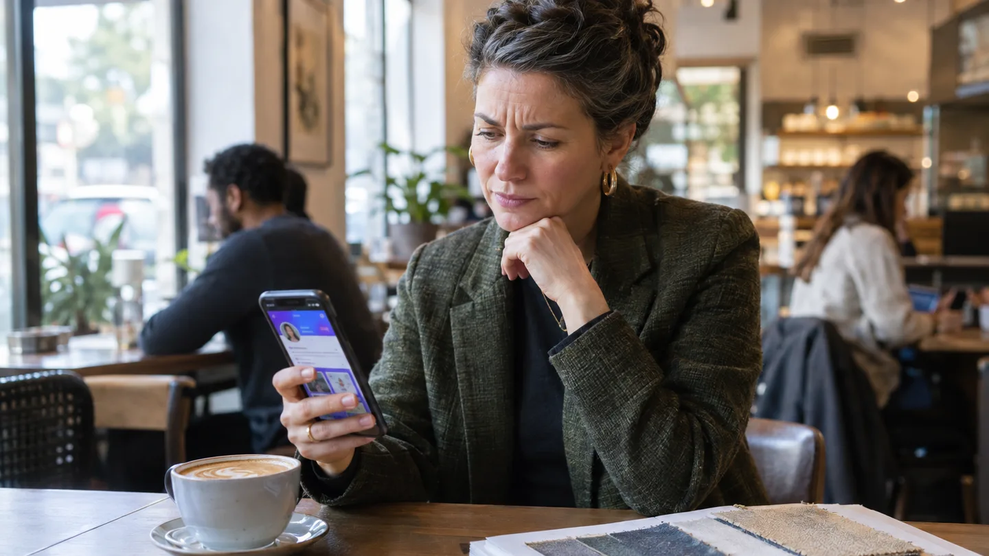 An interior designer in a cafe typing her own name into a phone search and reading the results with a doubtful look