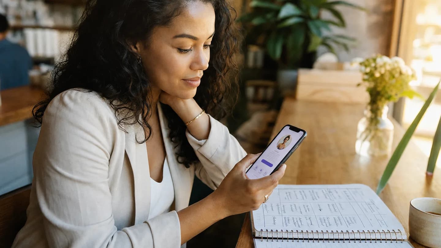 A small-business owner checking her link-in-bio page on a phone at a cafe, one primary button standing out on the screen