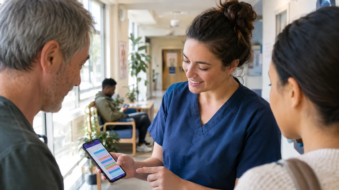 A physiotherapist in the corridor of a small clinic between patients, phone in hand showing a calendar full of colored slots, a patient waiting on a chair behind her