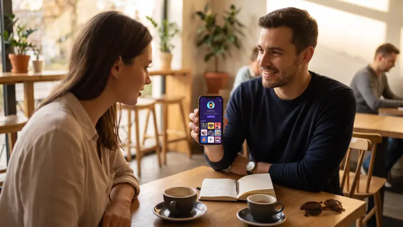 A young professional presenting their personal page on a phone in a cafe, personal branding in action