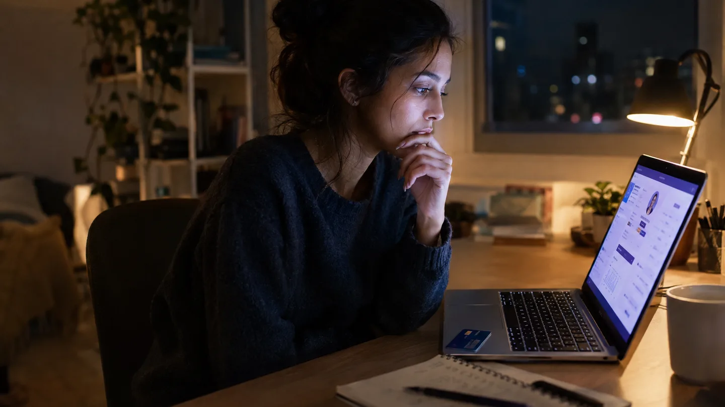 A young accountant at her home desk at night, lit by the laptop, a credit card beside the keyboard, hesitating before her first ad campaign