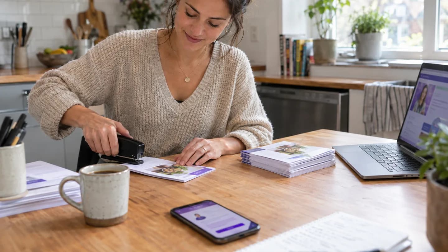 A nutritionist at her kitchen table in the morning stapling a short printed guide, a stack of booklets and a phone beside her
