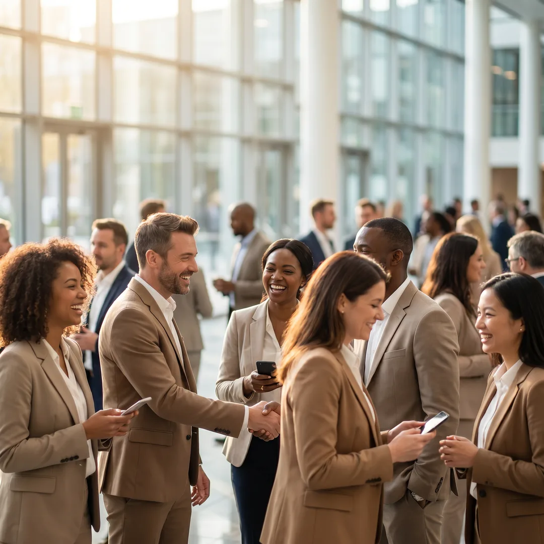 A lively business conference networking floor with professionals meeting