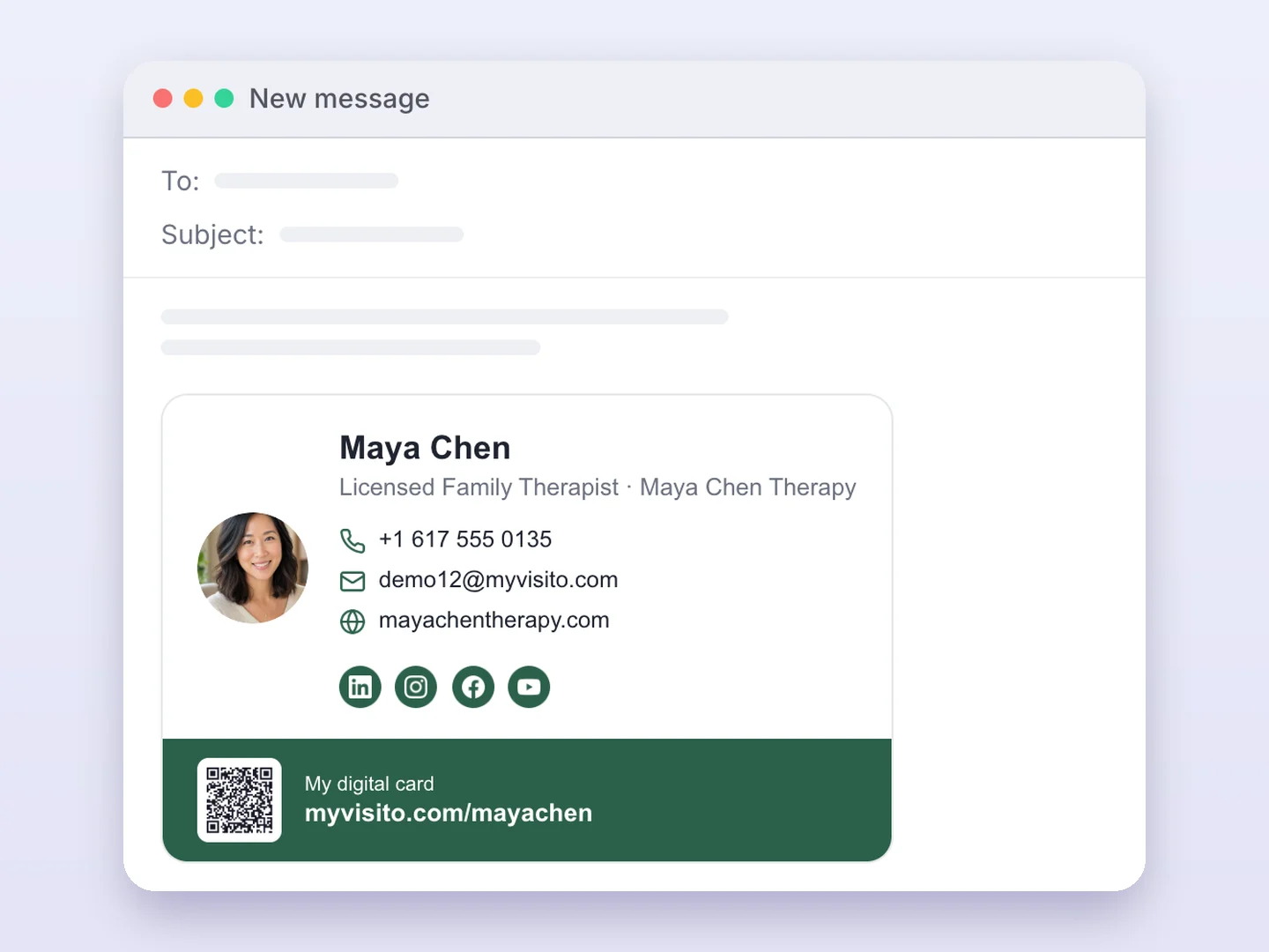 Designed email signature linking to a MyVisito digital business card
