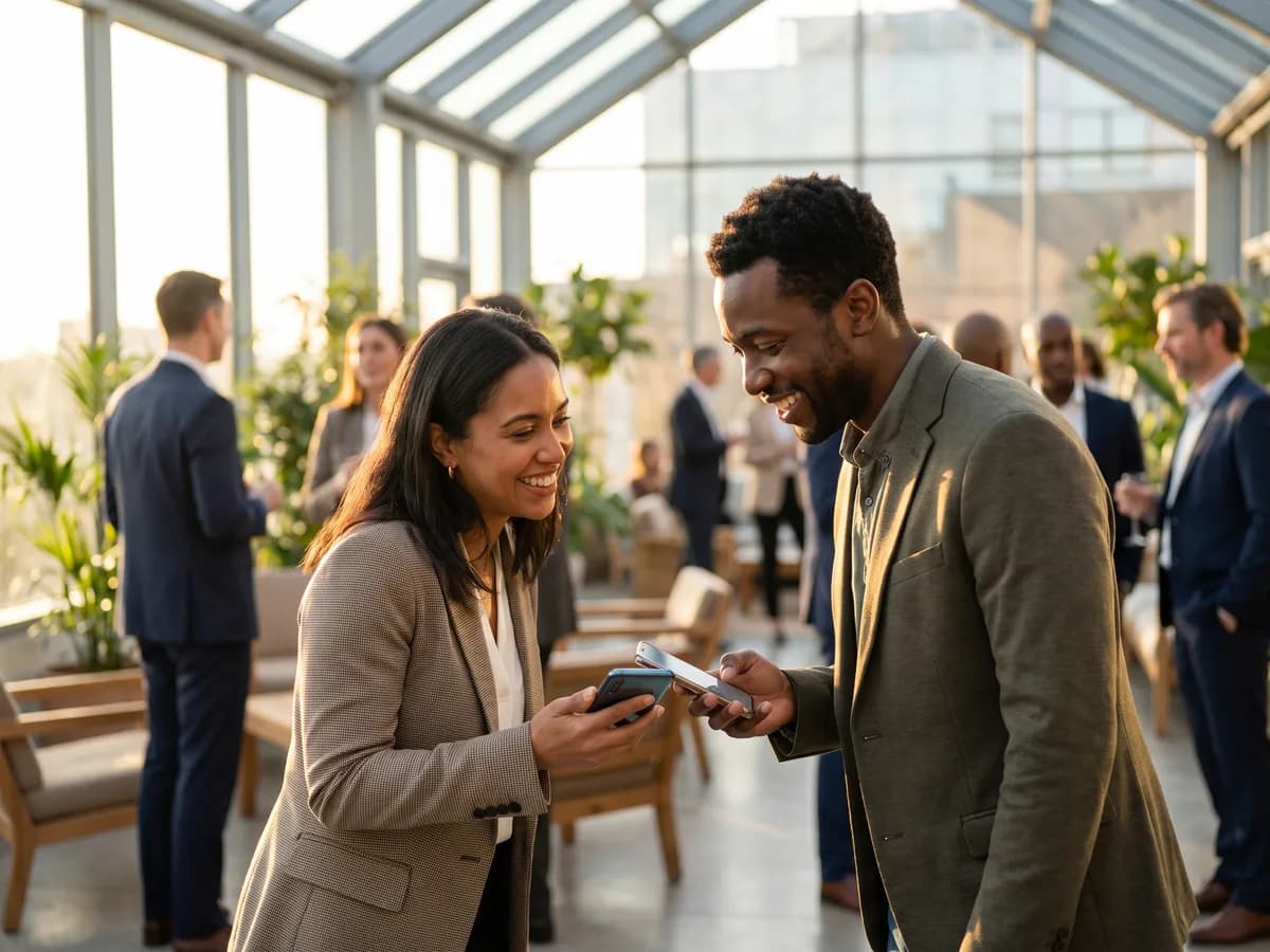 Two professionals meeting and connecting their phones in a moment of introduction