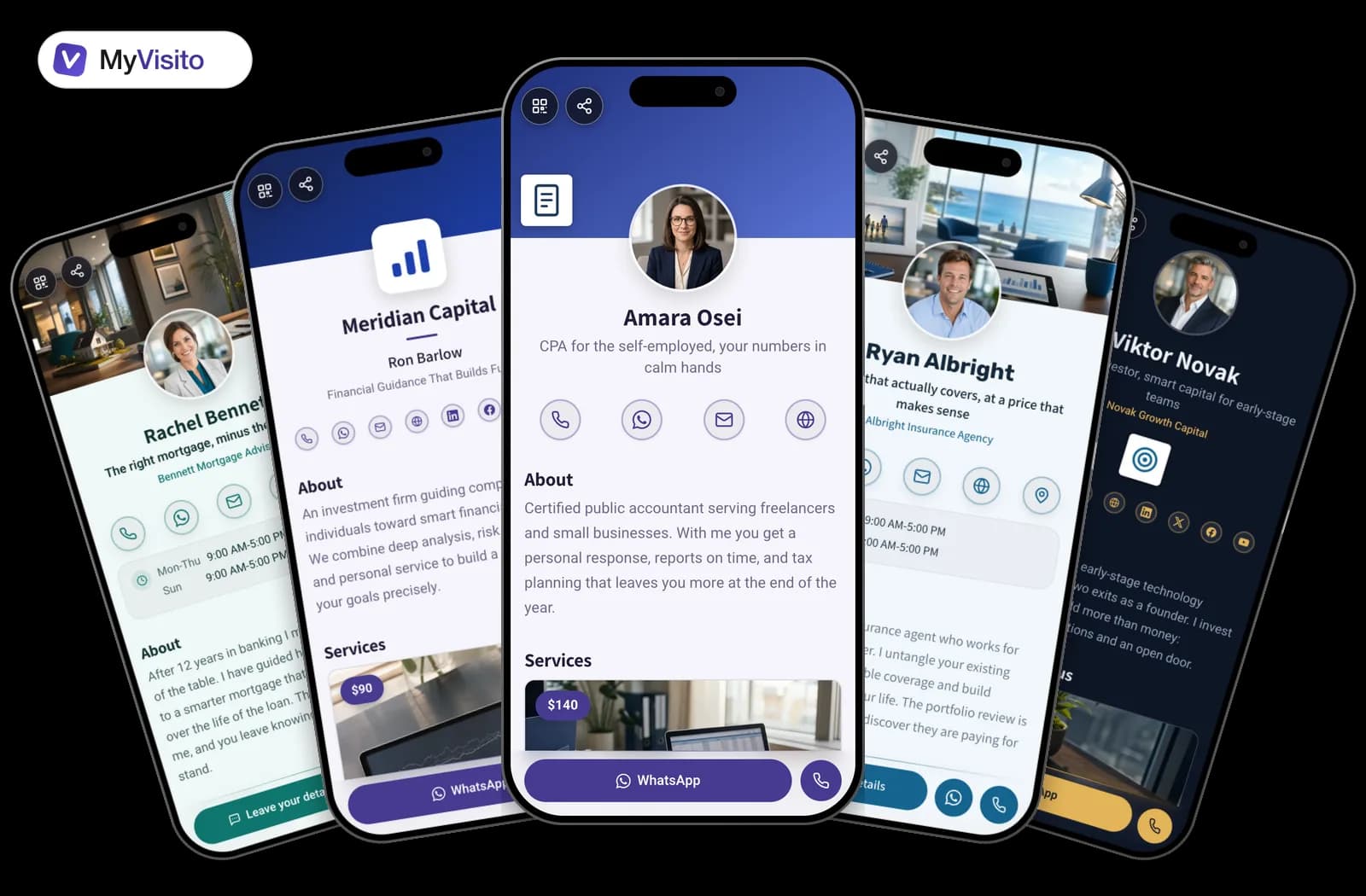 Digital business card examples for Accountants: MyVisito templates on phone screens
