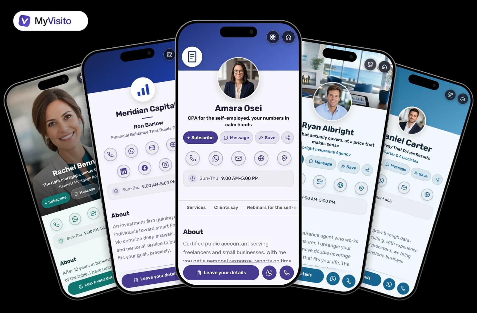 Digital business card examples for Accountants: MyVisito templates on phone screens