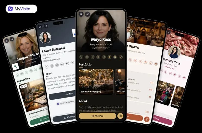 Digital business card examples: MyVisito templates for different professions on phone screens
