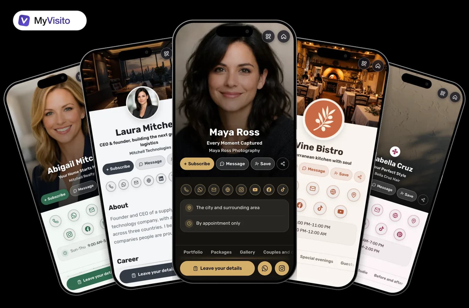 Digital business card examples: MyVisito templates for different professions on phone screens