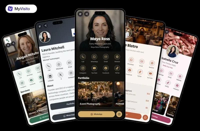 Digital business card examples: MyVisito templates for different professions on phone screens