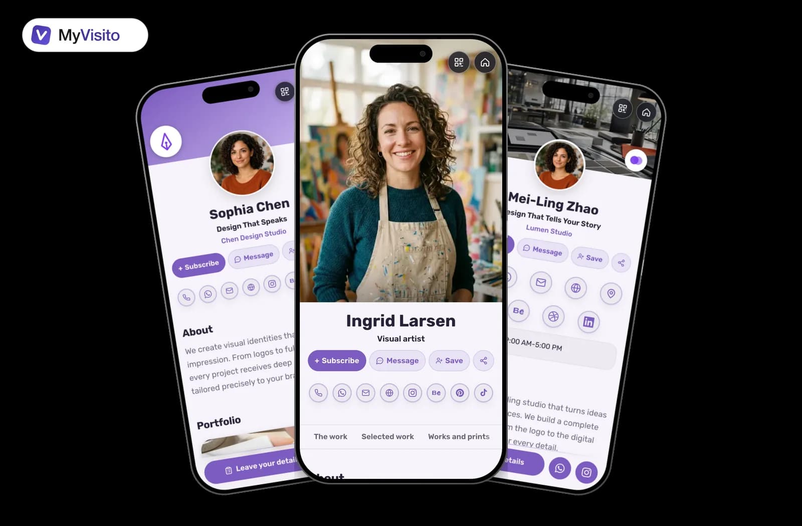 Digital business card examples for Artists: MyVisito templates on phone screens
