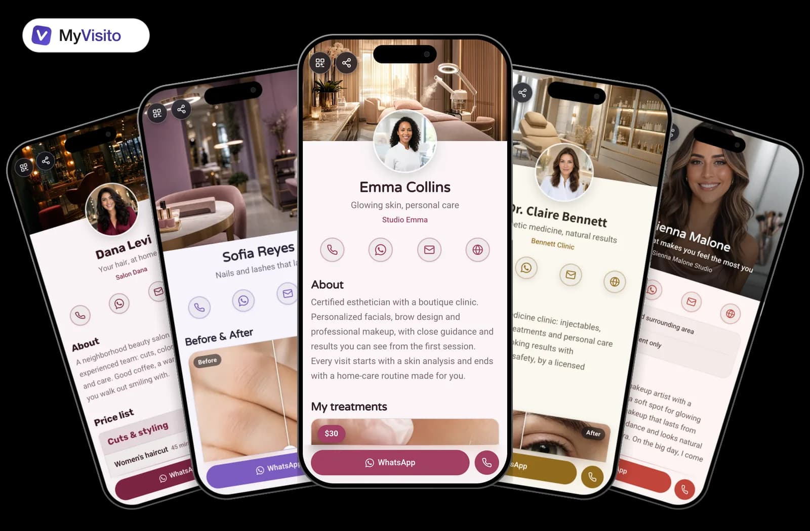 Digital business card examples for Beauty: MyVisito templates on phone screens