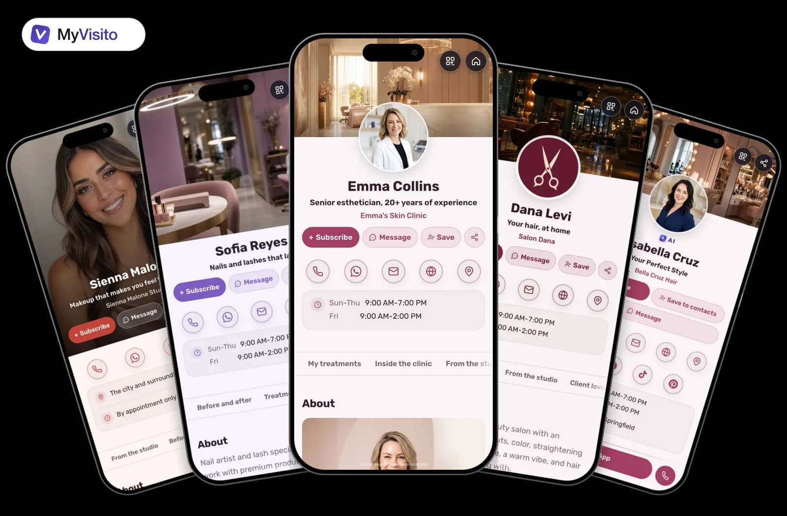 Digital business card examples for Beauty: MyVisito templates on phone screens