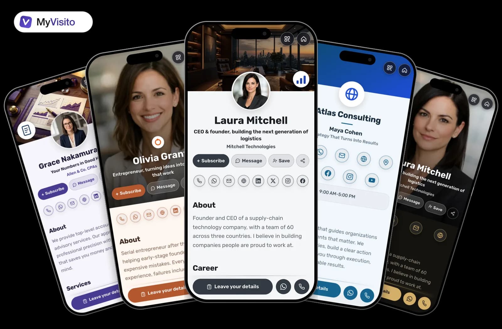 Digital business card examples for CEOs & founders: MyVisito templates on phone screens