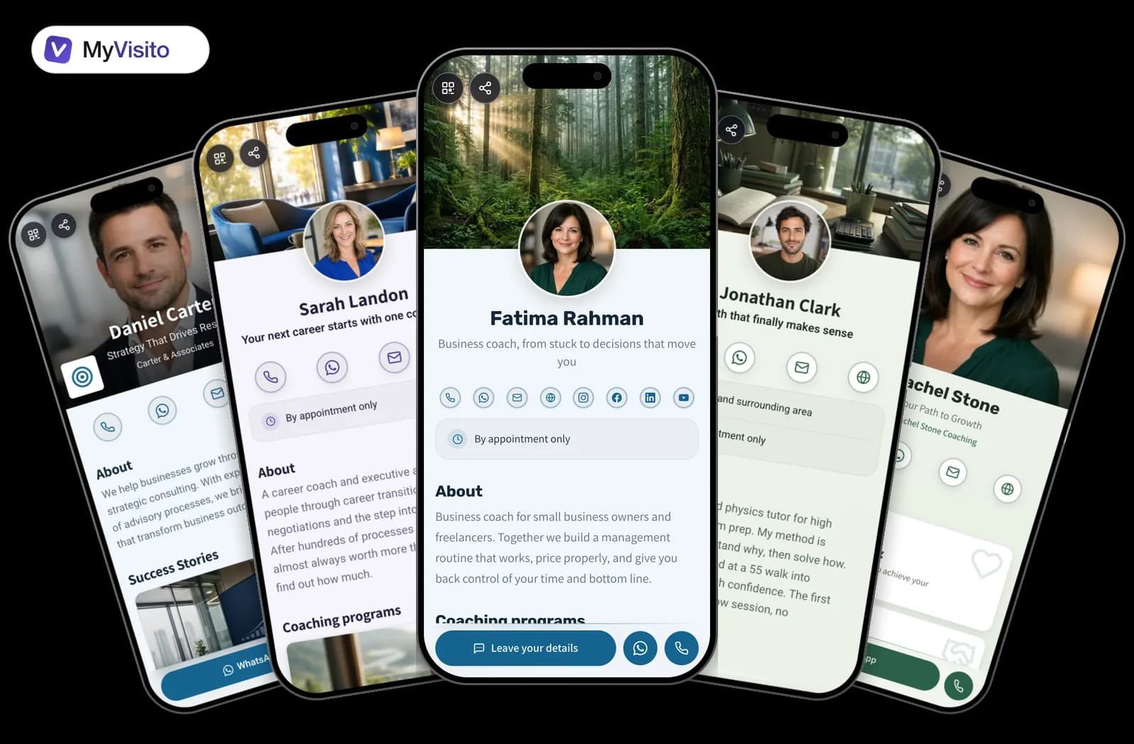 Digital business card examples for Coaches: MyVisito templates on phone screens