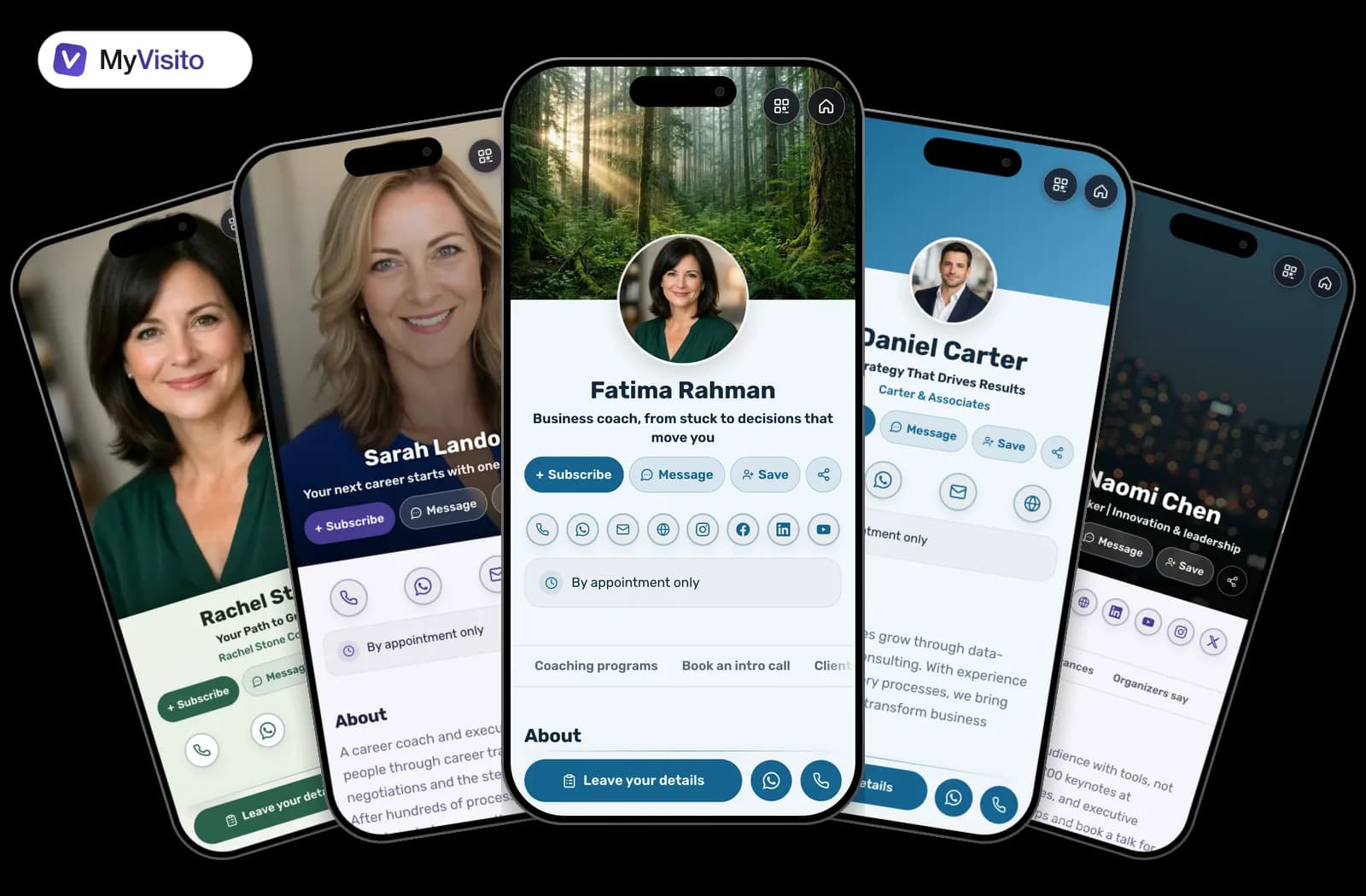 Digital business card examples for Coaches: MyVisito templates on phone screens