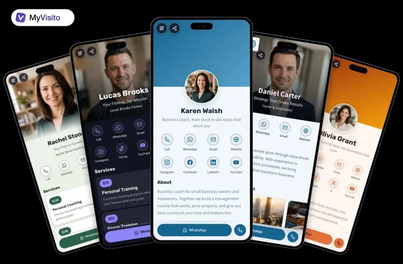 Digital business card examples for Coaches: MyVisito templates on phone screens