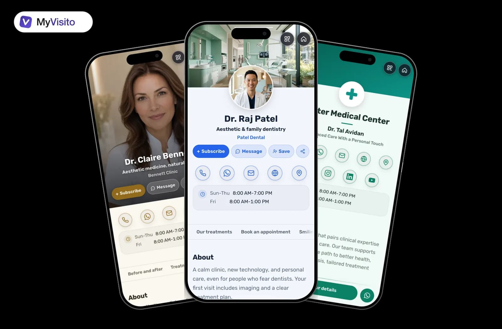 Digital business card examples for Dentists: MyVisito templates on phone screens