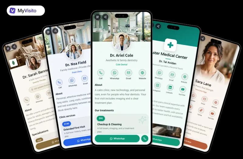 Digital business card examples for Dentists: MyVisito templates on phone screens