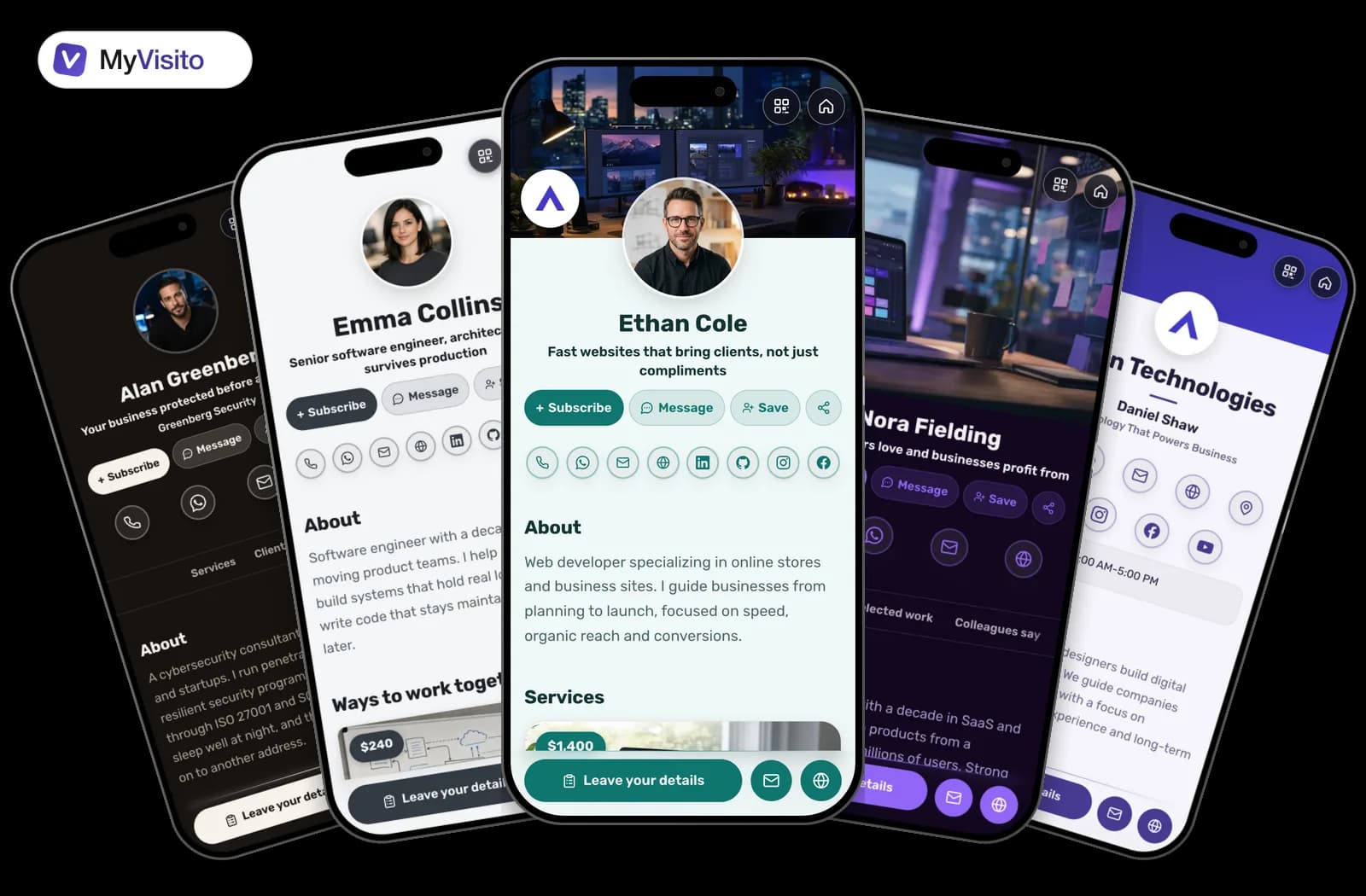 Digital business card examples for Developers: MyVisito templates on phone screens