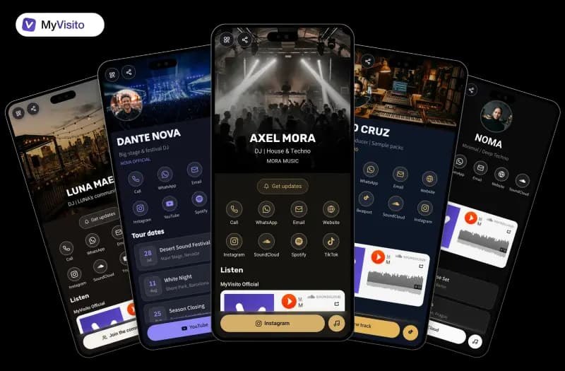 Digital business card examples for DJs: MyVisito templates on phone screens
