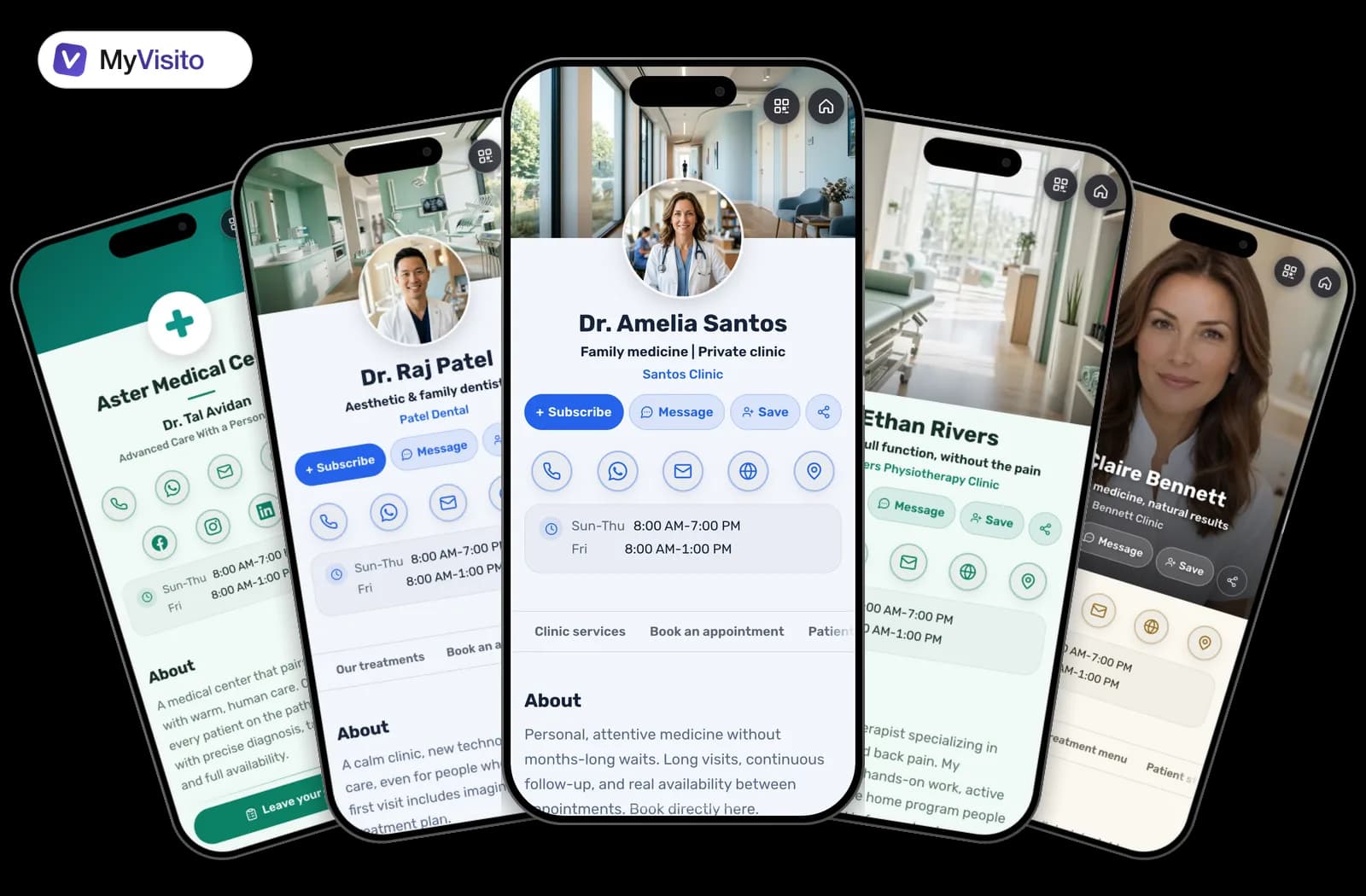 Digital business card examples for Doctors: MyVisito templates on phone screens