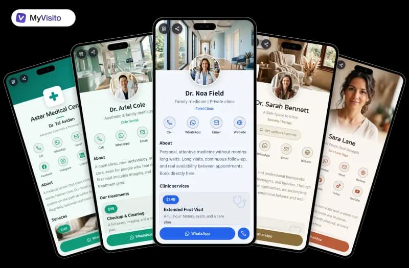 Digital business card examples for Doctors: MyVisito templates on phone screens