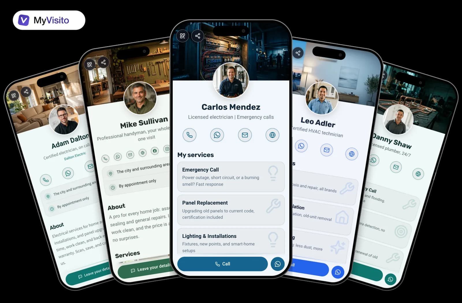 Digital business card examples for Electricians: MyVisito templates on phone screens