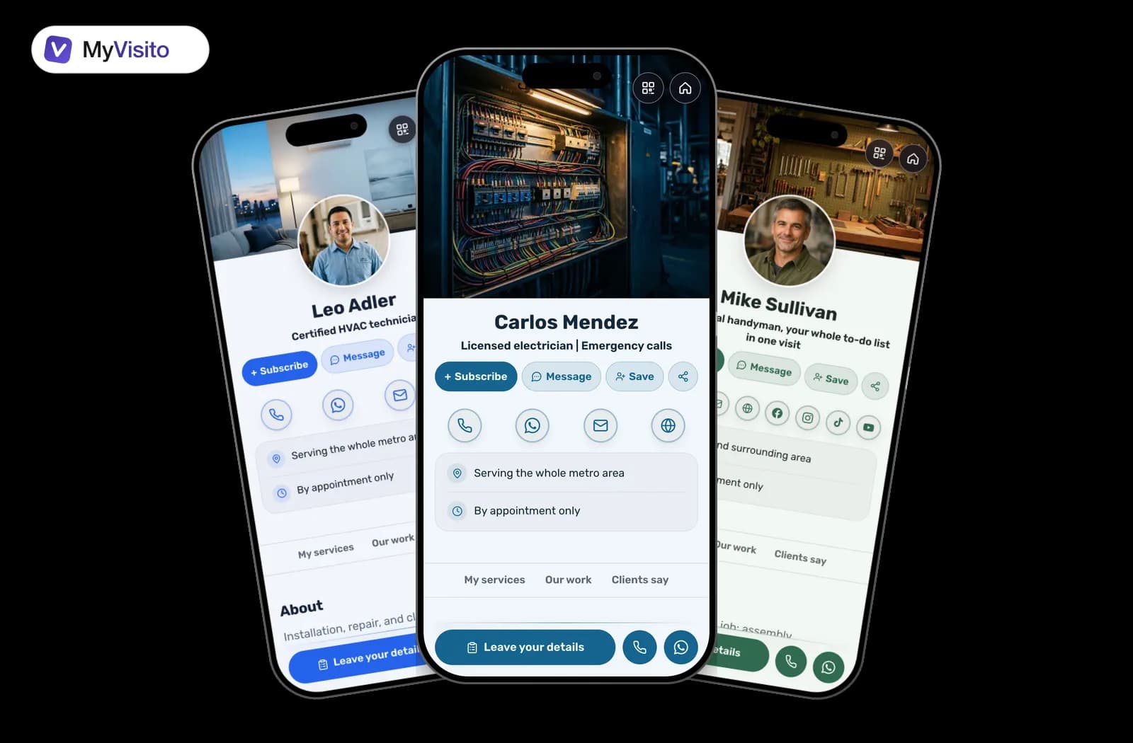 Digital business card examples for Electricians: MyVisito templates on phone screens