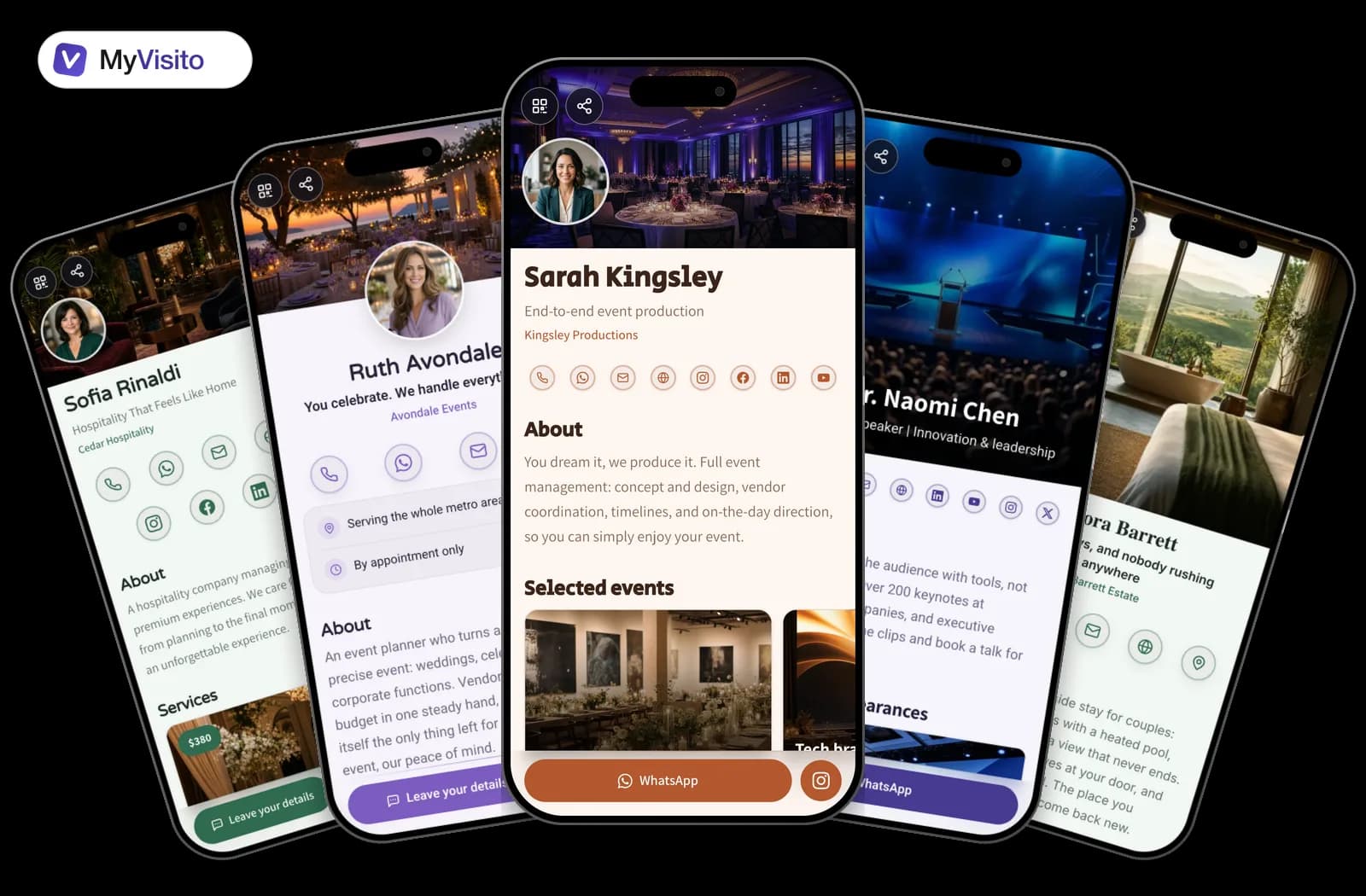 Digital business card examples for Event planners: MyVisito templates on phone screens