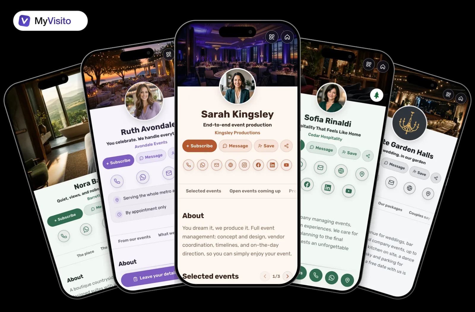 Digital business card examples for Event planners: MyVisito templates on phone screens