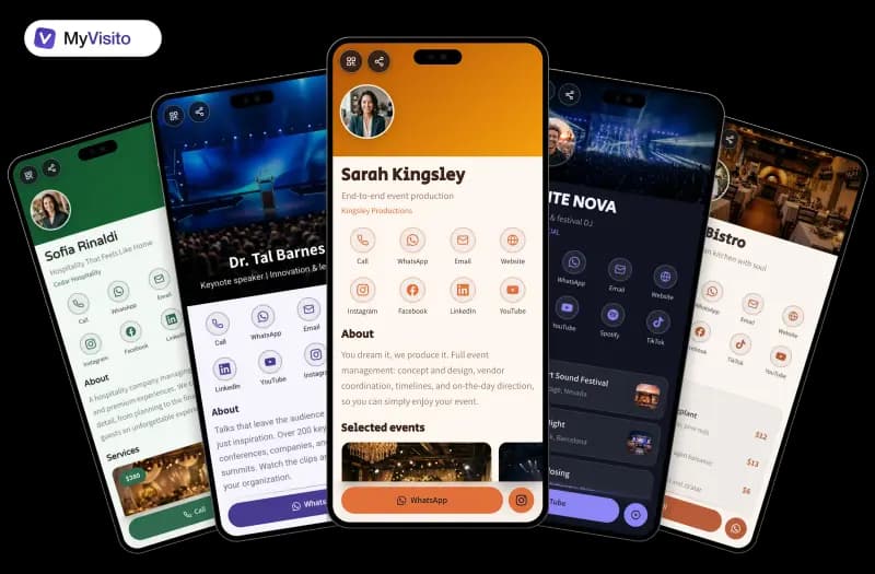 Digital business card examples for Event planners: MyVisito templates on phone screens