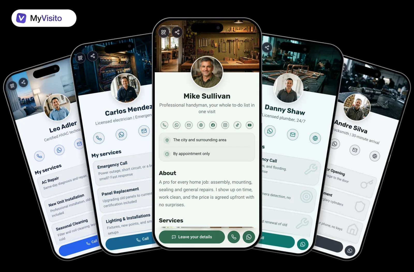 Digital business card examples for Handymen: MyVisito templates on phone screens