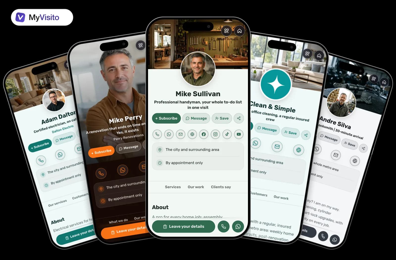 Digital business card examples for Handymen: MyVisito templates on phone screens