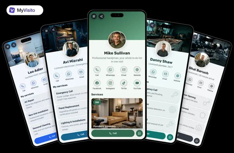 Digital business card examples for Handymen: MyVisito templates on phone screens