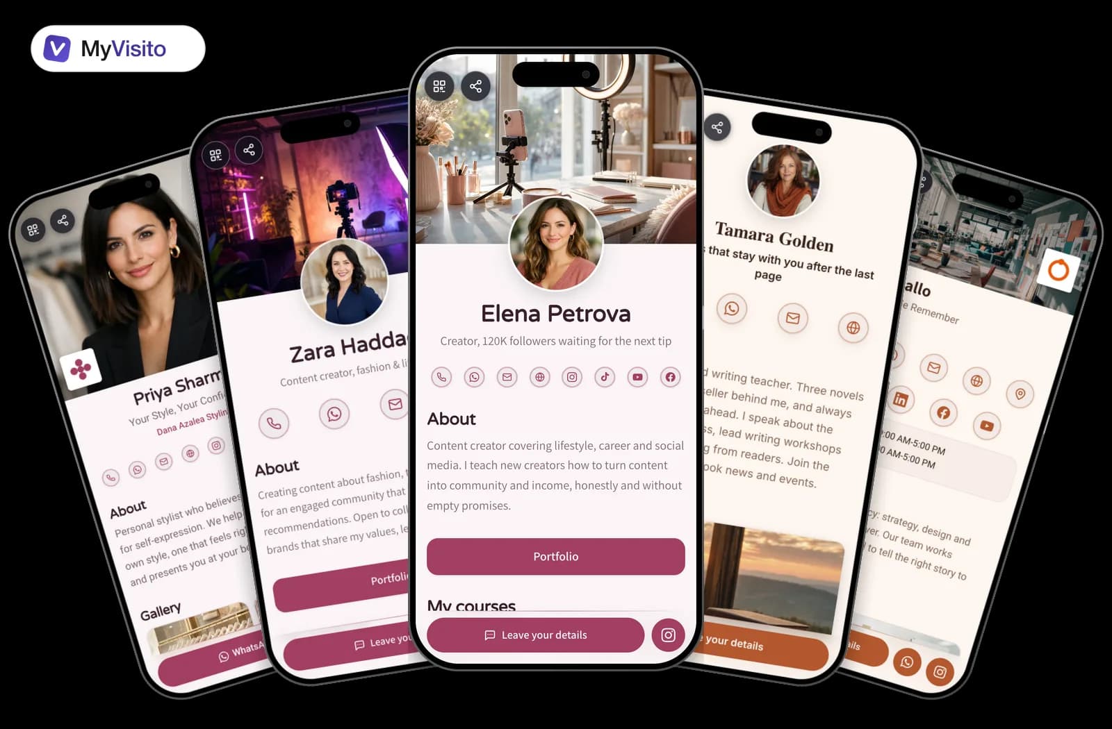 Digital business card examples for Influencers: MyVisito templates on phone screens