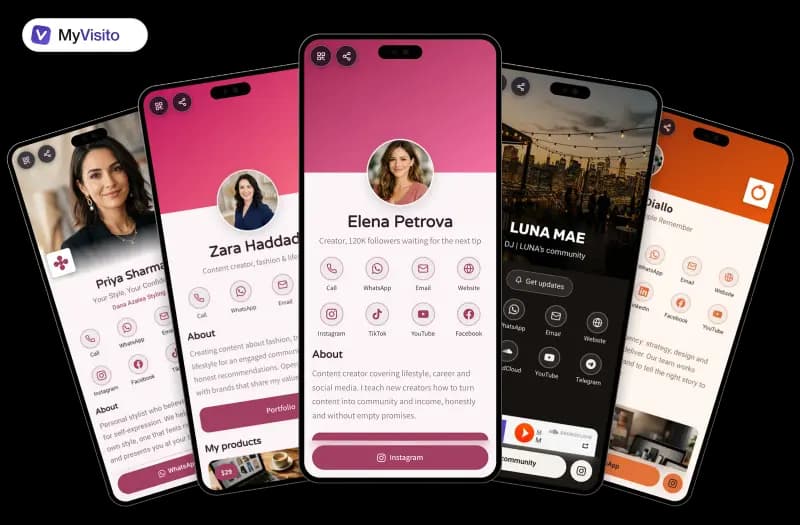 Digital business card examples for Influencers: MyVisito templates on phone screens